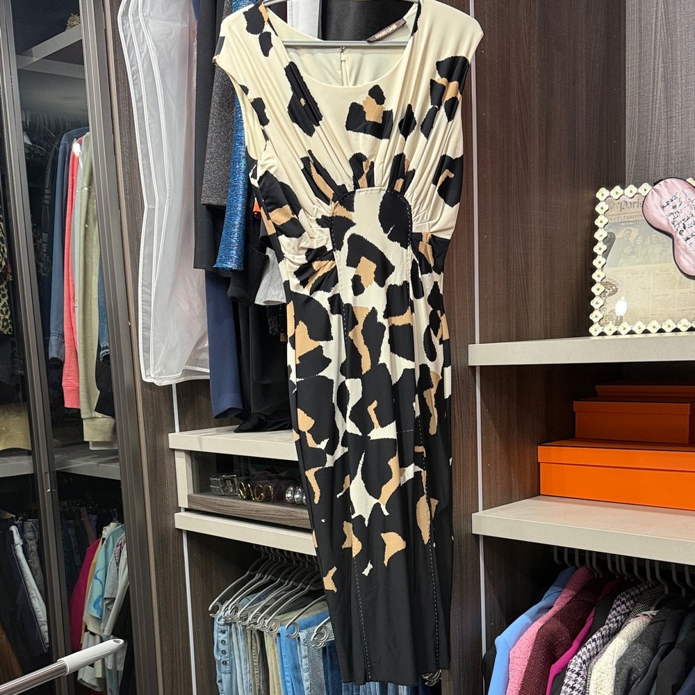 Roberto Cavalli Cream and Black Animal Print Midi Dress